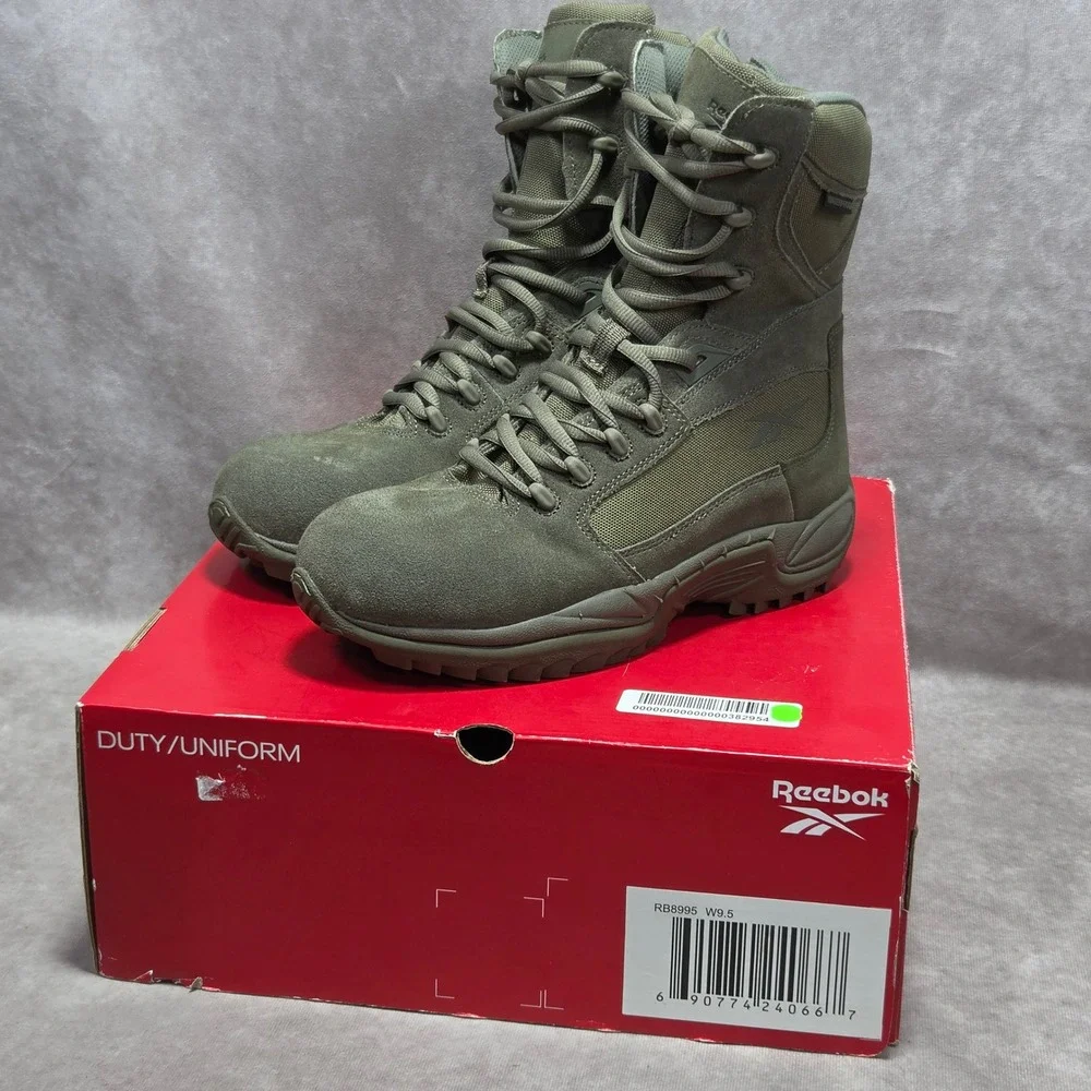 Reebok RB8995 Mens Sage Green Waterproof Tactical Duty Boots Side Zip Size 9.5
